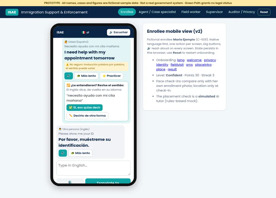 Prototype translation screen showing a Spanish back-translation check