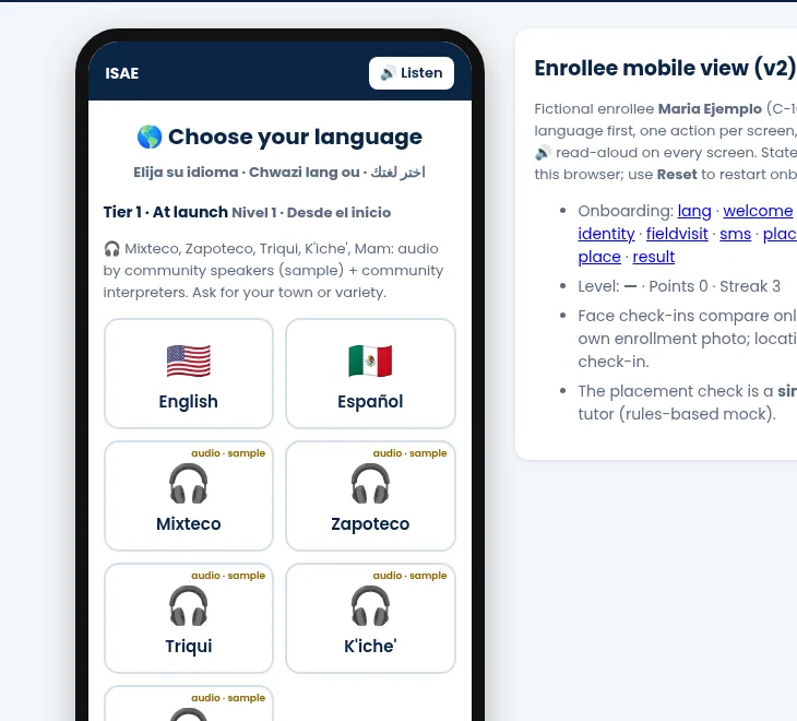 Prototype phone screen listing languages in three tiers