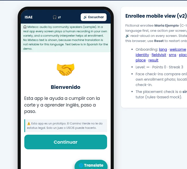 Prototype screen explaining audio by community speakers