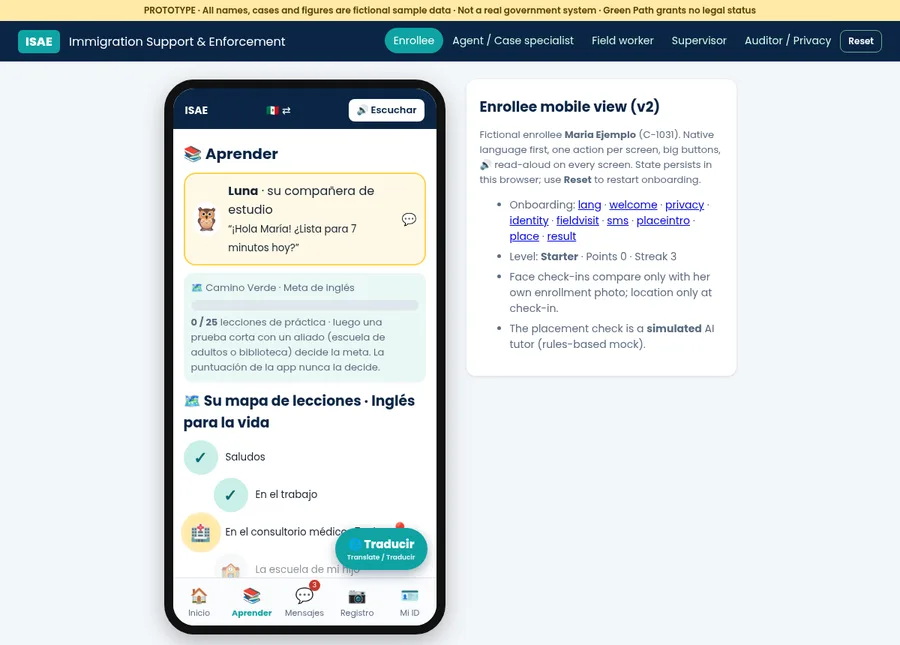 Pantalla del prototipo con el mapa de lecciones en español