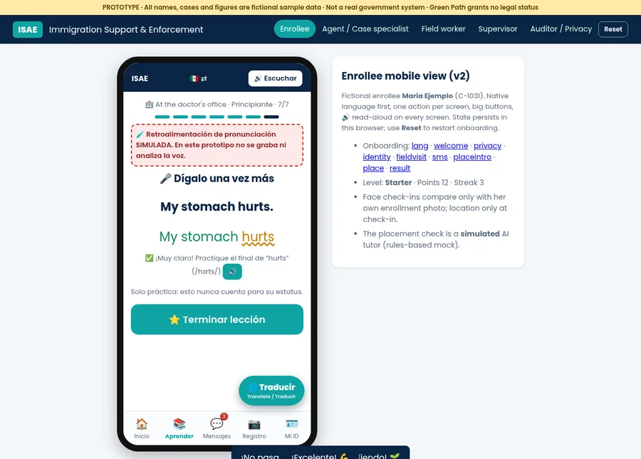 Pantalla del prototipo con práctica de pronunciación marcada como simulada